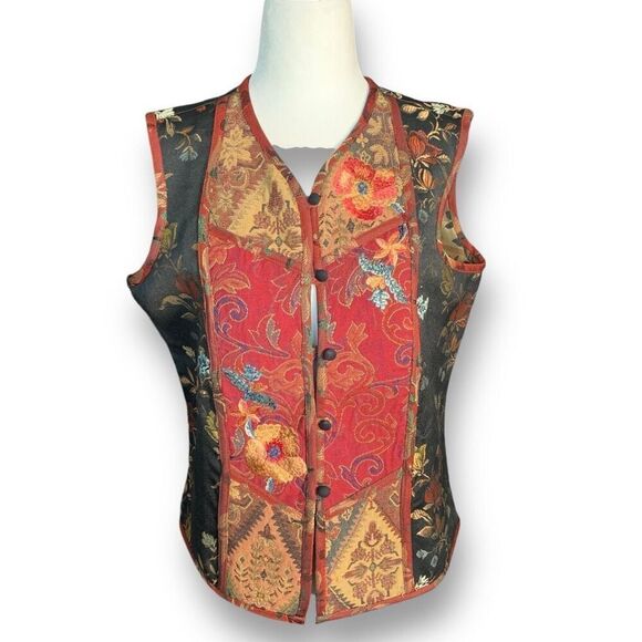 Vintage Coldwater Creek Vest Burgundy Floral Jacquard Tapestry Patchwork Asian - Picture 2 of 10